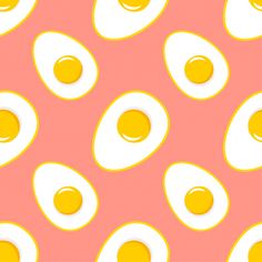 an image of fried eggs on pink and yellow background with white circles in the middle