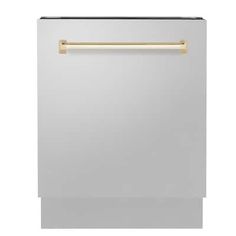 a white dishwasher with gold handles