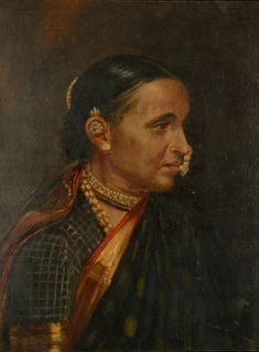 an old painting of a woman with pearls on her ear and wearing a black sari