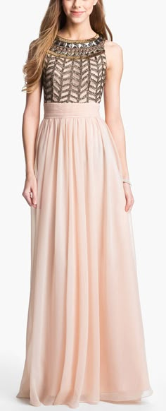 Blush beauty with embellished bodice http://rstyle.me/n/vknn2n2bn Luxury A-line Chiffon Party Dress, Luxury Romantic V-neck Chiffon Dress, Dressy Chiffon Maxi Dress With V-neck, Embellished Chiffon Maxi Dress Floor-length, Chic Floral Print Floor-length Chiffon Dress, Chiffon Gown, Dieselpunk