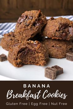 banana breakfast cookies stacked on top of each other with chocolate chunks in the middle and text overlay