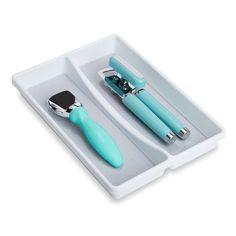 two toothbrushes and a razor in a tray on a white background with clippings