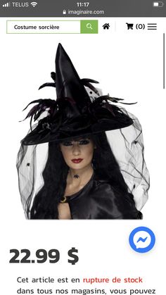 a woman wearing a witches hat with black feathers on her head and the caption reads 22 99 $