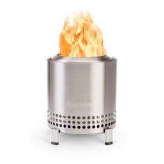 a stainless steel fire pit with flames on the top and bottom, in front of a white background