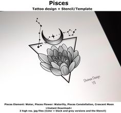 an image of a tattoo design on the back of a sheet of paper that says pisces