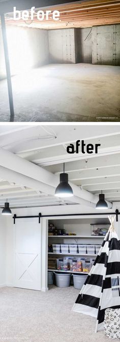 before and after photos of an unfinished garage with light coming in from the ceiling,