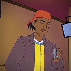 a cartoon character holding a cell phone in his right hand and looking at the camera