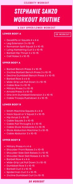 the flyer for stephanie sanzo's workout routine is shown in pink and white