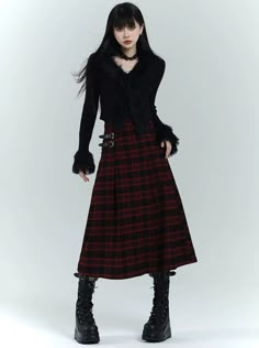 ❤side belt lock long skirt❤︎ Maxi Skirt Plaid, Plaid Punk Outfit, Fits With Long Skirts, Long Tartan Skirt Outfit, Long Skirt Goth Outfit, Goth Long Skirt, Long Plaid Skirt Outfit, Tartan Skirt Outfit, Genderfluid Fashion