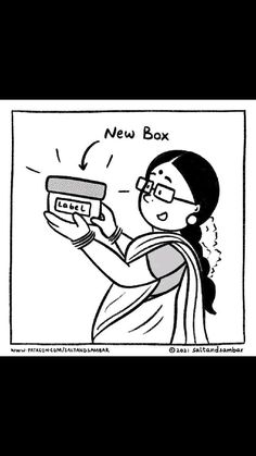 a cartoon drawing of a woman holding a box with the words new box on it