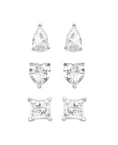 Choose your sparkle in this three piece set of multi shape Cubic Zirconia stud earrings from Essentials. Stud Earrings Silver, Square Stud, Silver Plated Jewelry, Fashion Jewelry Earrings, Heart Studs, Three Piece, Earrings Silver, Silver Earrings Studs, Fine Silver