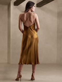 Divine Silk One-Shoulder Dress | Banana Republic Slip Dress Aesthetic, Satin Backless Dress, Salmon Dress, 90s Slip Dress, Bronze Dress, Guest Attire, Dress Aesthetic, Silk Slip Dress, Silk Charmeuse