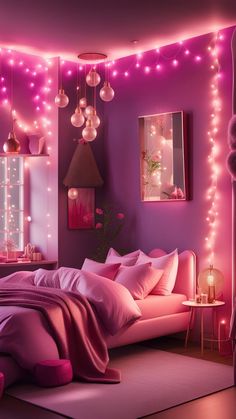 a bedroom decorated in pink and purple with lights on the walls, bedding and pillows