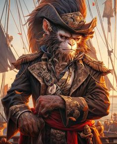 a monkey dressed in pirate garb standing next to a boat