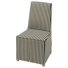 a black and white striped chair with wooden legs