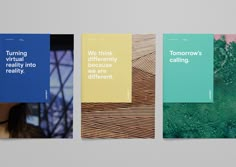 three brochures with different types of text on them, one in blue and the other in green