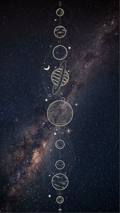 an image of the solar system with stars in the sky and planets on it, all drawn