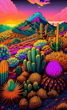 a painting of cactus plants and mountains in the desert at sunset with colorful clouds above