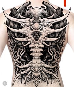 the back of a man's body with tattoos on it, and an image of skulls