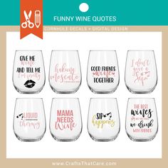 Get ready to uncork some laughter with our collection of Funny Wine Quotes digital files! Perfect for wine lovers with a sense of humor, these sassy and witty designs are just what you need to add a splash of fun to your next craft project. Whether you're making wine-themed décor, custom gifts, or just looking for a good laugh, these downloadable files are ready to pour into your creative projects.  Cheers to combining your love of wine and crafting--because life's too short for bad wine and boring designs! --------------------------------------------------- Use DISCOUNT code BOGO4ME at CraftsThatCare.com for a FREE digital item! ---------------------------------------------------- PLEASE, READ CAREFULLY BEFORE YOU BUY ---------------------------------------------------- >> You will receiv Wine Themed Decor, Funny Wine Quotes, Quotes For Shirts, Wine Glass Svg, Wine Sayings, Drinking Svg, Wine Quotes Funny, Wine Svg, Silhouette Design Studio