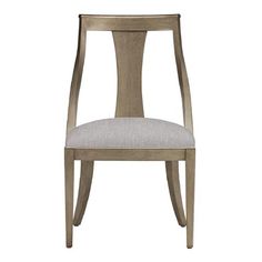 a wooden chair with a gray seat and back