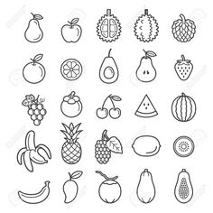 a set of fruit icons in black and white, including bananas, apples, pears, oranges, grapes, watermelon, raspberries