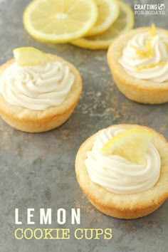 lemon cookie cups with frosting and sliced lemons