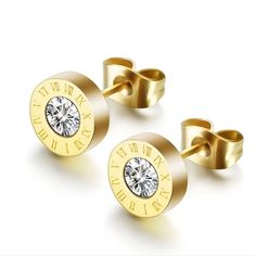 Newbeautiful!! Stainless Steel Cz Roman Numeral Stud Earrings In Gold. Post Backings With Lock Closures. Perfect For Yourself Or As A Gift. Very Unique And Different. Very Shiny And Brilliant. Suitable For All Occasions. Suitable For Most Ages. Nwt Double Circle Necklace, Letter Model, Engagement Earrings, Bracelet Pendant, Style Baroque, Stud Jewelry, Matching Bracelet, Roman Numeral