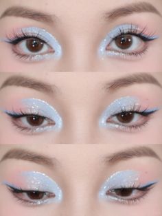 Pink And Blue Douyin Makeup, Pink And Blue Makeup Ideas, Light Blue And Pink Makeup, Pink Stage Makeup, Pale Blue Eyeshadow, Blue Pink Eye Makeup, Blue And Pink Makeup Looks, Blue And Pink Eyeshadow Looks, Light Blue Prom Makeup Looks