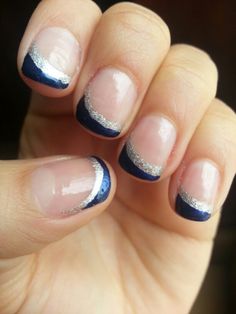 Silver French Tips, Navy And Silver Nails, Nails Navy, Prom Nails French, Blue And Silver Nails, Prom Nails Red, Prom Nails Silver, Short Nail Manicure