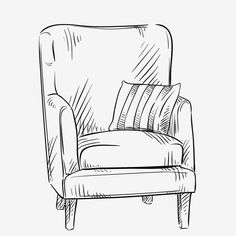 a line drawing of a chair with pillows on it