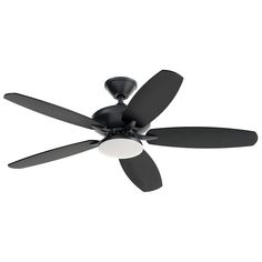 a ceiling fan with three black blades and two white lights on the top of it