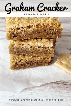 graham cracker blondie bars stacked on top of each other with text overlay