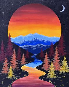 an acrylic painting of a sunset with trees and mountains in the background,