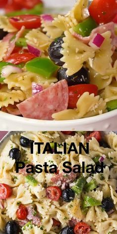 two pictures of pasta salad with meat, olives and tomatoes in it on a white plate