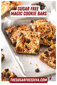 the sugar free magic cookie bars are made with chocolate chips, pecans and coconut