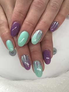 Mint Lilac Nails, Mint Green And Lilac Nails, Mint Green And Lavender Nails, Sage And Purple Nails, Mint Green And Purple Nails, Mint And Purple Nails, Teal And Purple Nail Ideas, Summer Gel Nails Purple, Crochet Nail Art