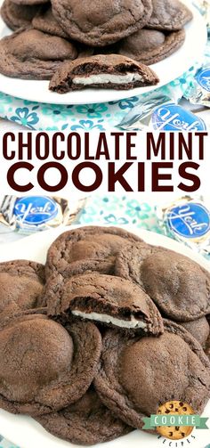 chocolate mint cookies stacked on top of each other with the words, chocolate mint cookies