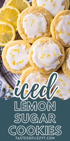 iced lemon sugar cookies on a plate with lemons in the background and text overlay