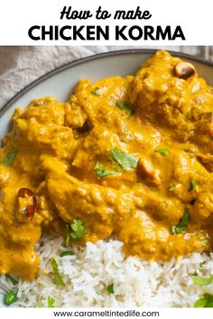 chicken korma with white rice and cilantro on the side