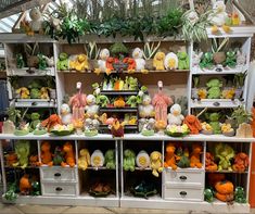 an assortment of fruits and vegetables displayed on shelves