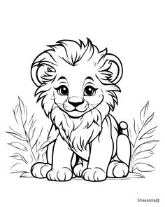 a lion cub sitting in the grass coloring page