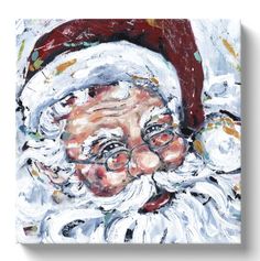 a painting of santa claus with glasses and a red hat