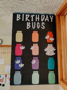 a bulletin board with the words birthday bugs written on it