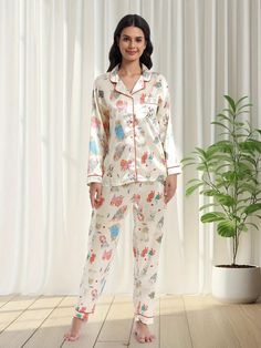 Women's Autumn Silk-Like Cardigan Pajama Set - V-Neck, Button-Front, Cute & Whimsical Cartoon Dog Prints, Pockets, Long Sleeves & Pants, Elegant & Comfortable Homewear, New Arrival Multicolor Casual-Young  Long Sleeve Woven Fabric Animal,All Over Print  Medium Stretch All Women Sleep & Lounge, size features are:Bust: ,Length: ,Sleeve Length: Pants Elegant, Dog Prints, Pattern Cardigan, Long Sleeve Denim Jacket, Silk Cardigan, Comfortable Home, Animal Cartoon, Elegant Casual, Home Wear