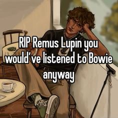 a man sitting in a chair with his hand on his head and the words rip remus