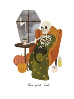 a drawing of a skeleton sitting in a chair next to a table with pumpkins