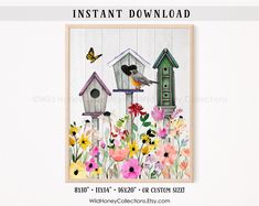 a birdhouse with flowers and birds on it is featured in this printable card