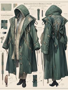 a drawing of a green coat with hoods and gloves on it, all in different colors