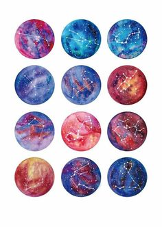 twelve zodiac signs painted in watercolor on paper